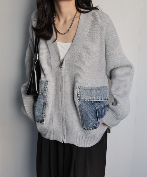 ap retro(アプレトロ)の「デニムポケットVネックニットカーディガン / ZIPカーディガン(カーディガン/ボレロ・レディース・グレー/ブラック/ベージュ・FREE)」の16枚目の写真