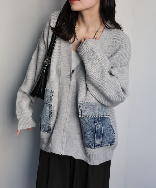 ap retro(アプレトロ)の「デニムポケットVネックニットカーディガン / ZIPカーディガン(カーディガン/ボレロ・レディース・グレー/ブラック/ベージュ・FREE)」の20枚目の写真