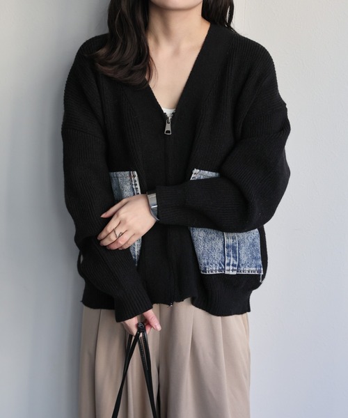 ap retro(アプレトロ)の「デニムポケットVネックニットカーディガン / ZIPカーディガン(カーディガン/ボレロ・レディース・グレー/ブラック/ベージュ・FREE)」の6枚目の写真