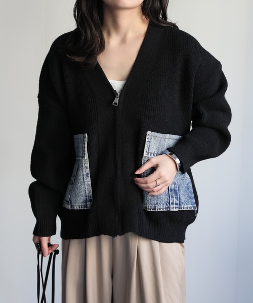 ap retro(アプレトロ)の「デニムポケットVネックニットカーディガン / ZIPカーディガン(カーディガン/ボレロ・レディース・グレー/ブラック/ベージュ・FREE)」の7枚目の写真
