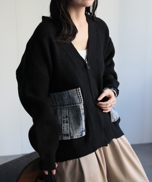 ap retro(アプレトロ)の「デニムポケットVネックニットカーディガン / ZIPカーディガン(カーディガン/ボレロ・レディース・グレー/ブラック/ベージュ・FREE)」の8枚目の写真