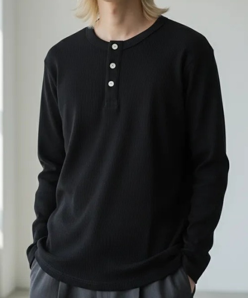 ARULE(アルール)の「A'GEM/9 × .kom 『ARULE/アルール』 WAFFLE HENLEY NECK LONG SLEEVE/ワッフル ヘンリーネック 長袖Tシャツ(Tシャツ/カットソー・メンズ・ネイビー/ホワイト/ライトグレー/グリーン/ブラック・M/L)」の6枚目の写真