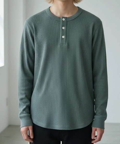 ARULE(アルール)の「A'GEM/9 × .kom 『ARULE/アルール』 WAFFLE HENLEY NECK LONG SLEEVE/ワッフル ヘンリーネック 長袖Tシャツ(Tシャツ/カットソー・メンズ・ネイビー/ホワイト/ライトグレー/グリーン/ブラック・M/L)」の9枚目の写真