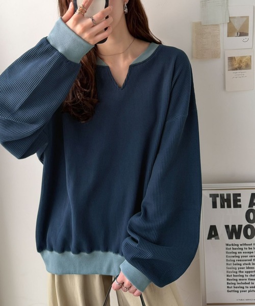classicalelf(クラシカルエルフ)の「今っぽさは、色でつくる。オーバーサイズ配色ワッフルプルオーバー(Tシャツ/カットソー・レディース・チャコール/モカ/アイボリー/杢グレー・LARGE/MEDIUM/SMALL/X-LARGE)」の9枚目の写真