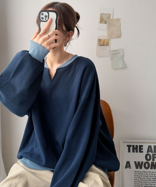 classicalelf(クラシカルエルフ)の「今っぽさは、色でつくる。オーバーサイズ配色ワッフルプルオーバー(Tシャツ/カットソー・レディース・チャコール/モカ/アイボリー/杢グレー・LARGE/MEDIUM/SMALL/X-LARGE)」の6枚目の写真