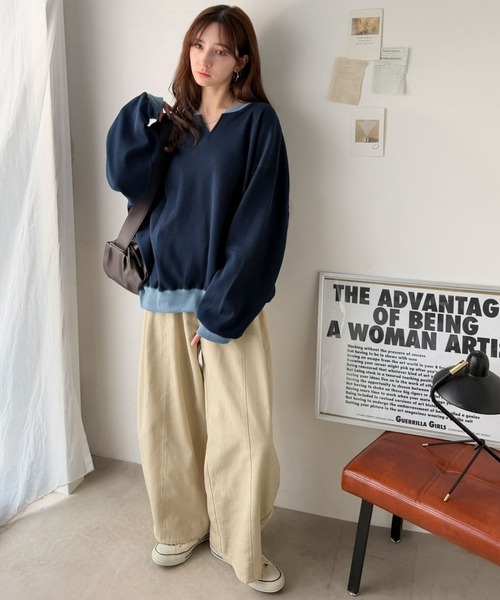 classicalelf(クラシカルエルフ)の「今っぽさは、色でつくる。オーバーサイズ配色ワッフルプルオーバー(Tシャツ/カットソー・レディース・チャコール/モカ/アイボリー/杢グレー・LARGE/MEDIUM/SMALL/X-LARGE)」の5枚目の写真