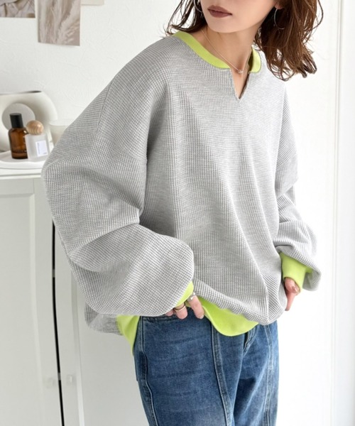 classicalelf（クラシカルエルフ）の「今っぽさは、色でつくる。オーバーサイズ配色ワッフルプルオーバー（Tシャツ/カットソー・レディース・チャコール/モカ/アイボリー/杢グレー・LARGE/MEDIUM/SMALL/X-LARGE）」の18枚目の写真