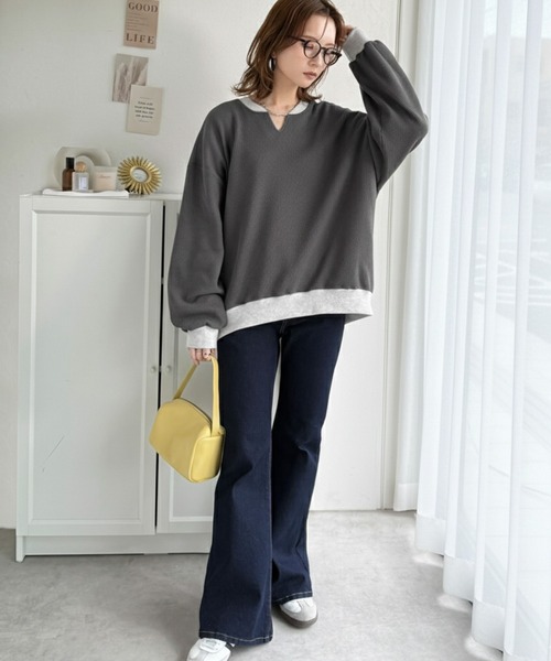 classicalelf（クラシカルエルフ）の「今っぽさは、色でつくる。オーバーサイズ配色ワッフルプルオーバー（Tシャツ/カットソー・レディース・チャコール/モカ/アイボリー/杢グレー・LARGE/MEDIUM/SMALL/X-LARGE）」の7枚目の写真