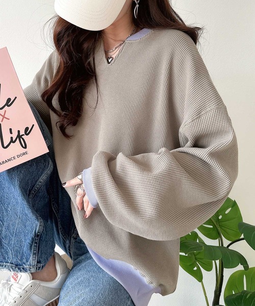 classicalelf（クラシカルエルフ）の「今っぽさは、色でつくる。オーバーサイズ配色ワッフルプルオーバー（Tシャツ/カットソー・レディース・チャコール/モカ/アイボリー/杢グレー・LARGE/MEDIUM/SMALL/X-LARGE）」の8枚目の写真