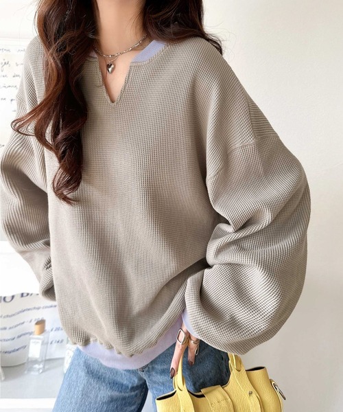 classicalelf（クラシカルエルフ）の「今っぽさは、色でつくる。オーバーサイズ配色ワッフルプルオーバー（Tシャツ/カットソー・レディース・チャコール/モカ/アイボリー/杢グレー・LARGE/MEDIUM/SMALL/X-LARGE）」の9枚目の写真