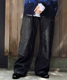 MEDE19F | ＭＥＤＥ１９Ｆ　合皮パッチのダブルニーパンツ〈ブラック〉(デニムパンツ)