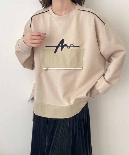 emi+（エミプラス）の「サイドスリットフロント刺繍段ボールニットスウェット（スウェット・レディース・チャコールグレー/カーキ/ブラック/ベージュ・FREE）」の4枚目の写真