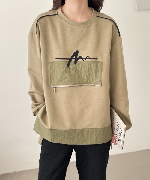 emi+（エミプラス）の「サイドスリットフロント刺繍段ボールニットスウェット（スウェット・レディース・チャコールグレー/カーキ/ブラック/ベージュ・FREE）」の5枚目の写真