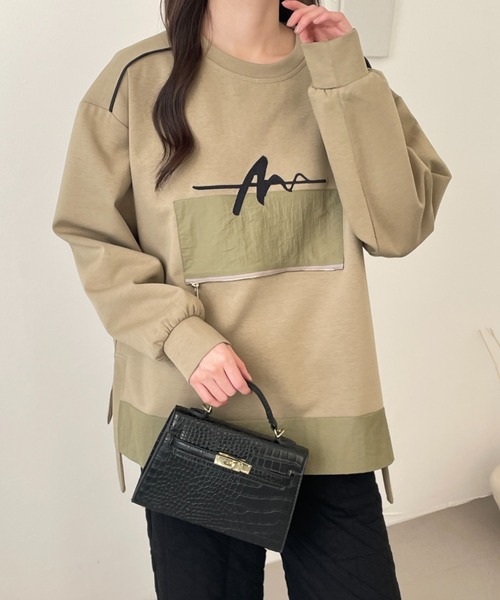 emi+（エミプラス）の「サイドスリットフロント刺繍段ボールニットスウェット（スウェット・レディース・チャコールグレー/カーキ/ブラック/ベージュ・FREE）」の6枚目の写真