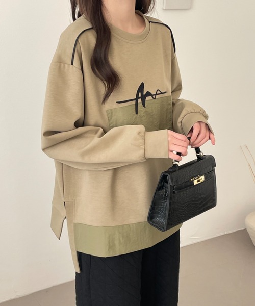 emi+（エミプラス）の「サイドスリットフロント刺繍段ボールニットスウェット（スウェット・レディース・チャコールグレー/カーキ/ブラック/ベージュ・FREE）」の7枚目の写真