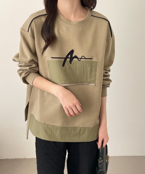 emi+（エミプラス）の「サイドスリットフロント刺繍段ボールニットスウェット（スウェット・レディース・チャコールグレー/カーキ/ブラック/ベージュ・FREE）」の9枚目の写真