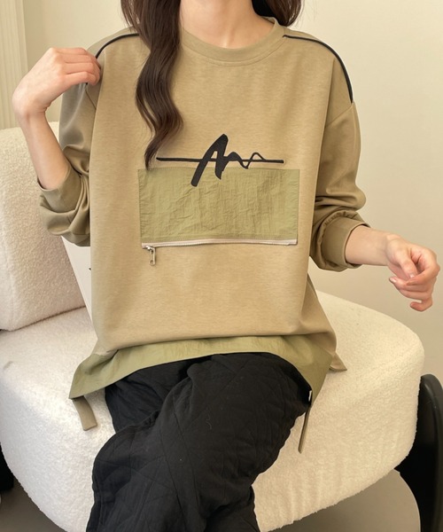 emi+（エミプラス）の「サイドスリットフロント刺繍段ボールニットスウェット（スウェット・レディース・チャコールグレー/カーキ/ブラック/ベージュ・FREE）」の10枚目の写真