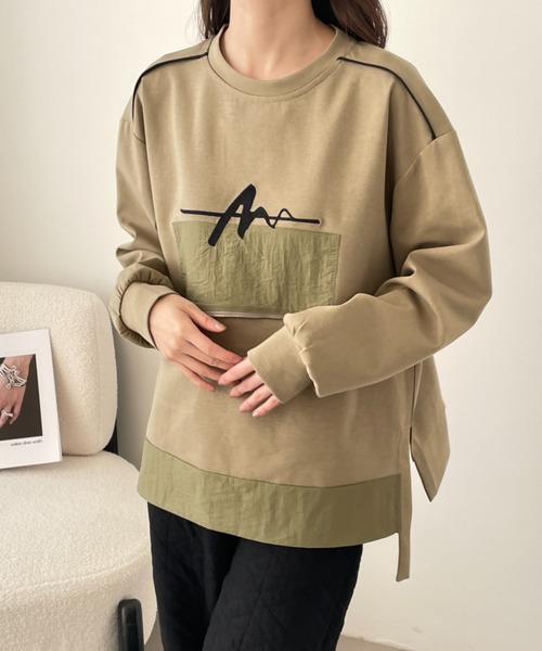 emi+（エミプラス）の「サイドスリットフロント刺繍段ボールニットスウェット（スウェット・レディース・チャコールグレー/カーキ/ブラック/ベージュ・FREE）」の8枚目の写真