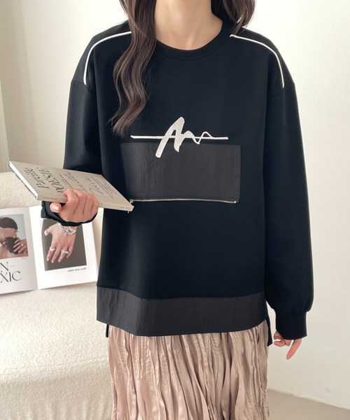 emi+（エミプラス）の「サイドスリットフロント刺繍段ボールニットスウェット（スウェット・レディース・チャコールグレー/カーキ/ブラック/ベージュ・FREE）」の12枚目の写真
