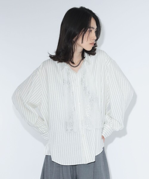 maturely（マチュアリー）の「maturely / チョーク ストライプ レース タイ ロングスリーブ（シャツ/ブラウス・レディース・ネイビー/オフホワイト・1/0）」の6枚目の写真