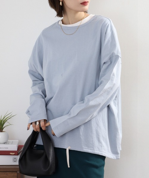 Arinomama(アリノママ)の「Arinomama 異素材切り替えプリントロンT(Tシャツ/カットソー・レディース・ブラック/ライトグリーン/アイボリー/ライトブルー・FREE)」の1枚目の写真