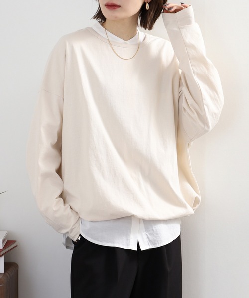 Arinomama(アリノママ)の「Arinomama 異素材切り替えプリントロンT(Tシャツ/カットソー・レディース・ブラック/ライトグリーン/アイボリー/ライトブルー・FREE)」の6枚目の写真