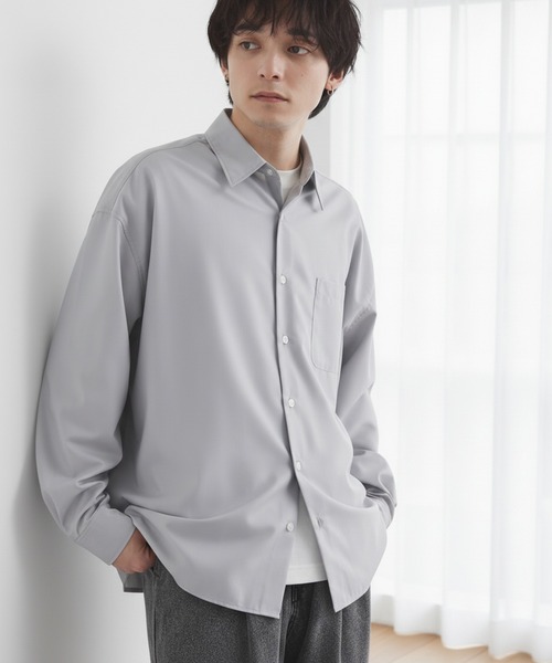 MONO-MART（モノマート）の「ライトTR フレンチフロント サイドスリット レギュラーカラー長袖シャツ / UVカット＆アンチピリング＆イージーケア【セットアップ対応】（シャツ/ブラウス・メンズ・ブルーグレー/モカ/ブラック/ブラウン/ライトグレー/オフホワイト/レッド系・M/S/L）」の4枚目の写真