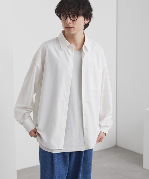 MONO-MART（モノマート）の「ライトTR フレンチフロント サイドスリット レギュラーカラー長袖シャツ / UVカット＆アンチピリング＆イージーケア【セットアップ対応】（シャツ/ブラウス・メンズ・ブルーグレー/モカ/ブラック/ブラウン/ライトグレー/オフホワイト/レッド系・M/S/L）」の10枚目の写真