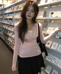 ウール混ボタンスリム長袖ヘンリーネックTシャツ