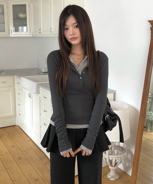 anyonemore（エニワンモア）の「ウール混ボタンスリム長袖ヘンリーネックTシャツ（Tシャツ/カットソー・レディース・カーキ/グレー/チャコール/ピンク・FREE）」の19枚目の写真