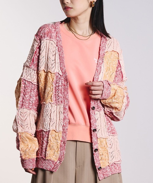 ROSE BUD(ローズバッド)の「(CREOLME)PATCHWORK KNIT CARDIGAN(カーディガン/ボレロ・レディース・オレンジ/ベージュ/グレー・ONE SIZE)」の1枚目の写真