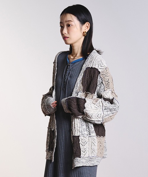 ROSE BUD(ローズバッド)の「(CREOLME)PATCHWORK KNIT CARDIGAN(カーディガン/ボレロ・レディース・オレンジ/ベージュ/グレー・ONE SIZE)」の6枚目の写真