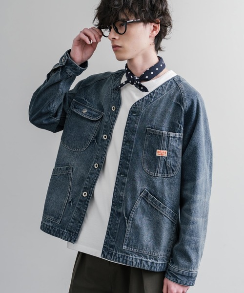 KRIFF MAYER（クリフメイヤー）の「KRIFF MAYER ノーカラーデニムカバーオールワークジャケット 2534002（ノーカラージャケット・メンズ・ダークブルー/チャコール/ナチュラル/ライトブルー・M/L/XL）」の4枚目の写真