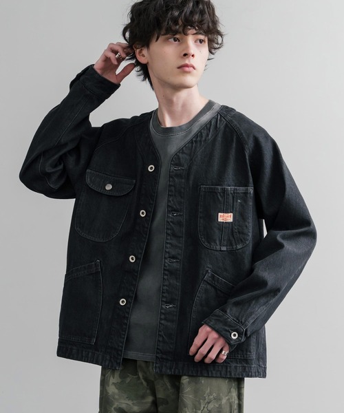 KRIFF MAYER（クリフメイヤー）の「KRIFF MAYER ノーカラーデニムカバーオールワークジャケット 2534002（ノーカラージャケット・メンズ・ダークブルー/チャコール/ナチュラル/ライトブルー・M/L/XL）」の2枚目の写真