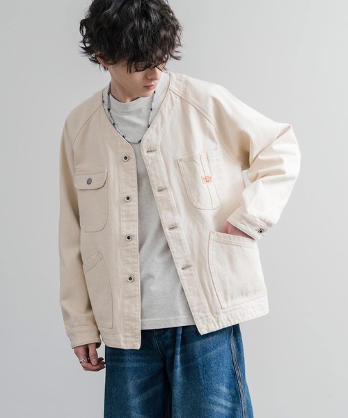 KRIFF MAYER（クリフメイヤー）の「KRIFF MAYER ノーカラーデニムカバーオールワークジャケット 2534002（ノーカラージャケット・メンズ・ダークブルー/チャコール/ナチュラル/ライトブルー・M/L/XL）」の11枚目の写真