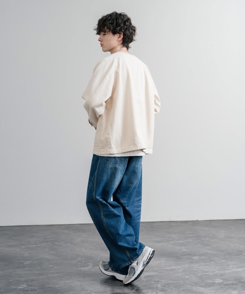 KRIFF MAYER（クリフメイヤー）の「KRIFF MAYER ノーカラーデニムカバーオールワークジャケット 2534002（ノーカラージャケット・メンズ・ダークブルー/チャコール/ナチュラル/ライトブルー・M/L/XL）」の14枚目の写真