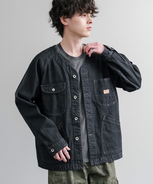 KRIFF MAYER（クリフメイヤー）の「KRIFF MAYER ノーカラーデニムカバーオールワークジャケット 2534002（ノーカラージャケット・メンズ・ダークブルー/チャコール/ナチュラル/ライトブルー・M/L/XL）」の5枚目の写真