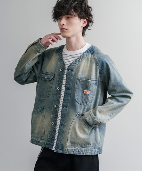 KRIFF MAYER（クリフメイヤー）の「KRIFF MAYER ノーカラーデニムカバーオールワークジャケット 2534002（ノーカラージャケット・メンズ・ダークブルー/チャコール/ナチュラル/ライトブルー・M/L/XL）」の16枚目の写真