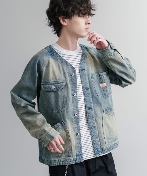 KRIFF MAYER（クリフメイヤー）の「KRIFF MAYER ノーカラーデニムカバーオールワークジャケット 2534002（ノーカラージャケット・メンズ・ダークブルー/チャコール/ナチュラル/ライトブルー・M/L/XL）」の17枚目の写真