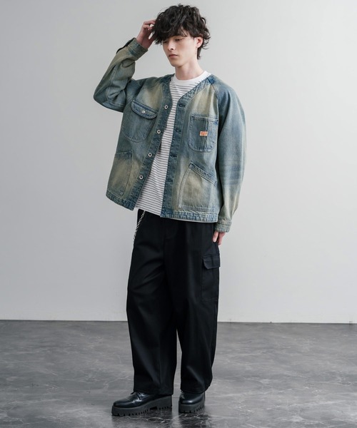 KRIFF MAYER（クリフメイヤー）の「KRIFF MAYER ノーカラーデニムカバーオールワークジャケット 2534002（ノーカラージャケット・メンズ・ダークブルー/チャコール/ナチュラル/ライトブルー・M/L/XL）」の18枚目の写真