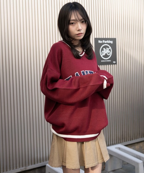 WEGO(ウィゴー)の「WEGO/【26年春夏新作】VネックグラフィックニットBIGプルオーバー(ニット/セーター・レディース・ワイン/ネイビー/杢グレー・FREE)」の12枚目の写真
