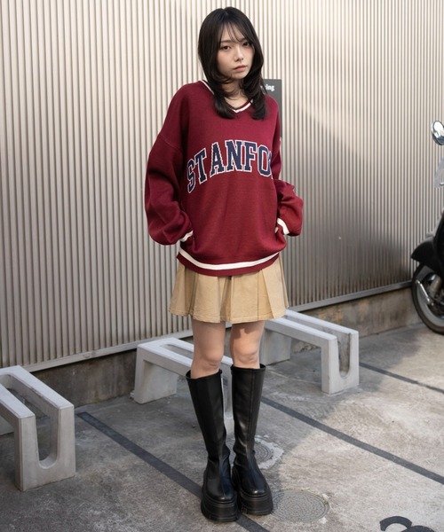WEGO(ウィゴー)の「WEGO/【26年春夏新作】VネックグラフィックニットBIGプルオーバー(ニット/セーター・レディース・ワイン/ネイビー/杢グレー・FREE)」の14枚目の写真