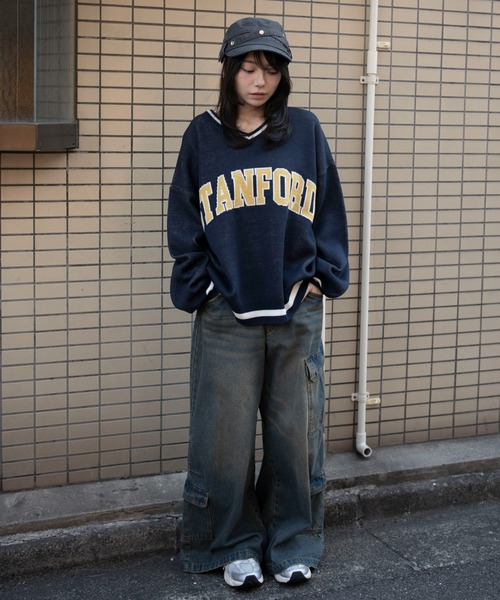 WEGO(ウィゴー)の「WEGO/【26年春夏新作】VネックグラフィックニットBIGプルオーバー(ニット/セーター・レディース・ワイン/ネイビー/杢グレー・FREE)」の20枚目の写真