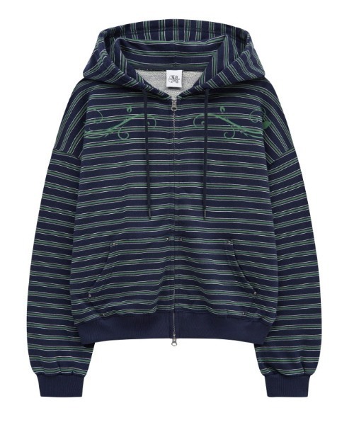 .KOM（ドットコム）の「A'GEM/9 × .kom 『MIDNIGHT MOVE/ミッドナイトムーブ』set st hood zip up/ボーダージップアップパーカー（パーカー・レディース・アイボリー/ネイビー・FREE）」の18枚目の写真
