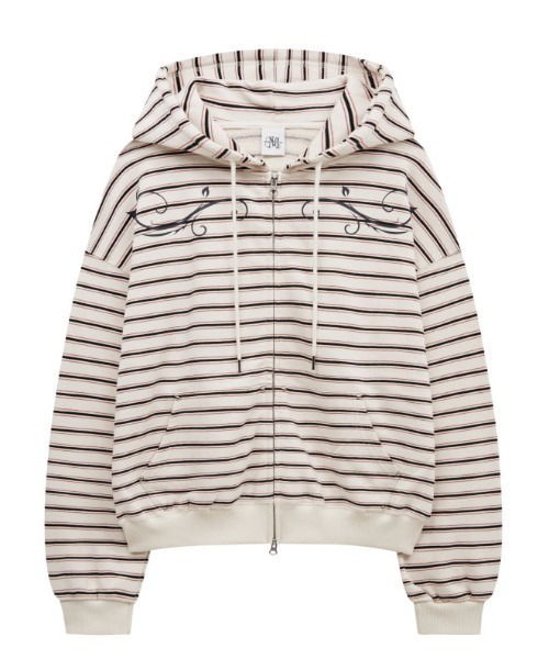 .KOM（ドットコム）の「A'GEM/9 × .kom 『MIDNIGHT MOVE/ミッドナイトムーブ』set st hood zip up/ボーダージップアップパーカー（パーカー・レディース・アイボリー/ネイビー・FREE）」の15枚目の写真