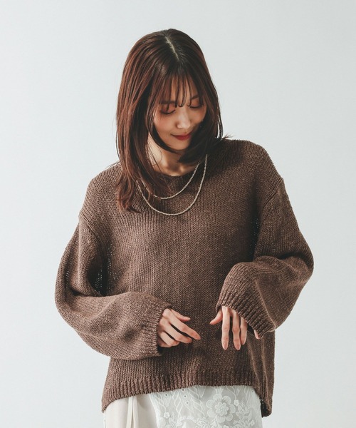 GLOBAL WORK（グローバルワーク）の「リネンコットンMIXVネックプルオーバー長袖/636123（ニット/セーター・レディース・グレイッシュベージュ/オフホワイト/イエロー/ダークブラウン・MEDIUM/LARGE）」の2枚目の写真