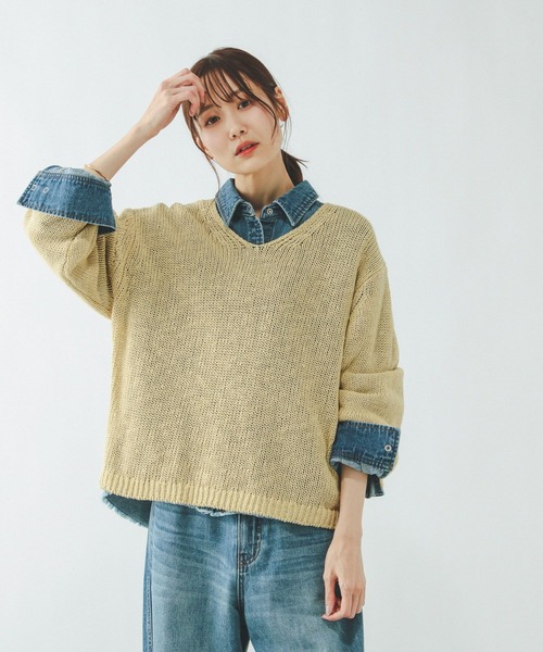 GLOBAL WORK（グローバルワーク）の「リネンコットンMIXVネックプルオーバー長袖/636123（ニット/セーター・レディース・グレイッシュベージュ/オフホワイト/イエロー/ダークブラウン・MEDIUM/LARGE）」の4枚目の写真