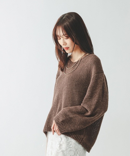 GLOBAL WORK（グローバルワーク）の「リネンコットンMIXVネックプルオーバー長袖/636123（ニット/セーター・レディース・グレイッシュベージュ/オフホワイト/イエロー/ダークブラウン・MEDIUM/LARGE）」の12枚目の写真