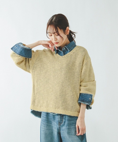 GLOBAL WORK（グローバルワーク）の「リネンコットンMIXVネックプルオーバー長袖/636123（ニット/セーター・レディース・グレイッシュベージュ/オフホワイト/イエロー/ダークブラウン・MEDIUM/LARGE）」の21枚目の写真