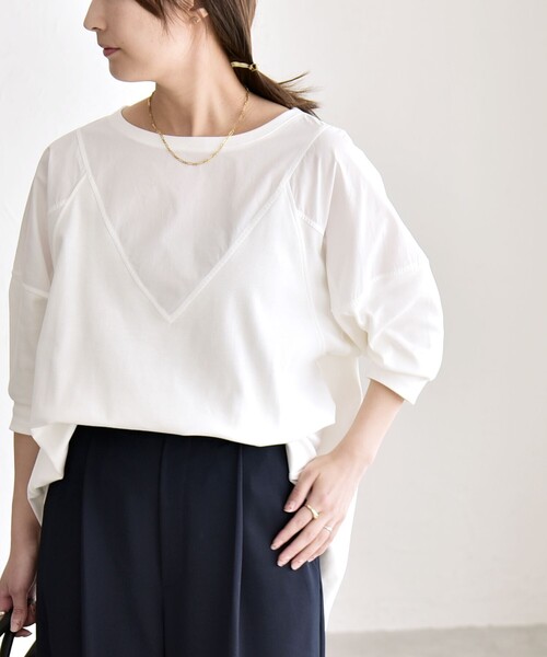quaranciel(カランシエル)の「quaranciel:〈接触冷感/汗染み防止加工/洗濯機可能〉ドッキング Aライン カットソー(Tシャツ/カットソー・レディース・ホワイト/ブラック・ONE SIZE)」の5枚目の写真